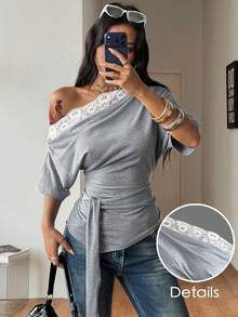 Coolane 女士夏季派对节日度假时尚外出撞色蕾丝灰色宽松露肩短袖吊带T恤 - 深灰色 - 查看 1