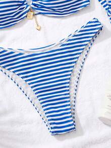 Swim Mod 2件組女款海灘套裝 時尚可愛度假風 適合海灘泳池派對 優雅圓點印花金屬鍊條掛脖上衣搭配性感比基尼泳褲套裝 - 彩色 - 查看 4