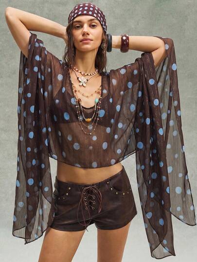 Bohemela Women's Casual Woven Classic Polka Dot V-Neck Asymmetric Hem Blouse