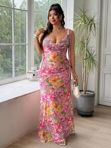 SHEIN EZwear 豹纹和花卉印花休闲长连衣裙，适合大码女性 - 彩色 - View 5