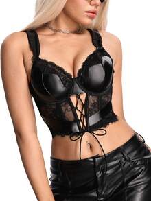 AltBold 1pc Lace Patchwork PU Underwire Bra For Women - Black - View 5