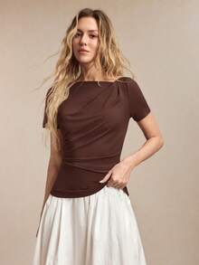 BizChic Women's Dark Brown Summer Elegant Office T-Shirt,Asymmetrical Shoulder Design Ruched Short Sleeve Tee,Versatile For Casual,Commute,Party,Beach,Wedding - Brown - View 6