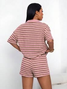 PETITE Conjunto de 2 piezas para mujer con camiseta de manga larga de hombros caídos y cuello en V a rayas holgada y pantalones a rayas con cintura elástica, conjunto de suéter de invierno, conjunto de salón a rayas de otoño/invierno de 2 piezas para mujer, conjunto casual de 2 piezas a rayas, conjunto cómodo de 2 piezas - Rosa - Ver 2