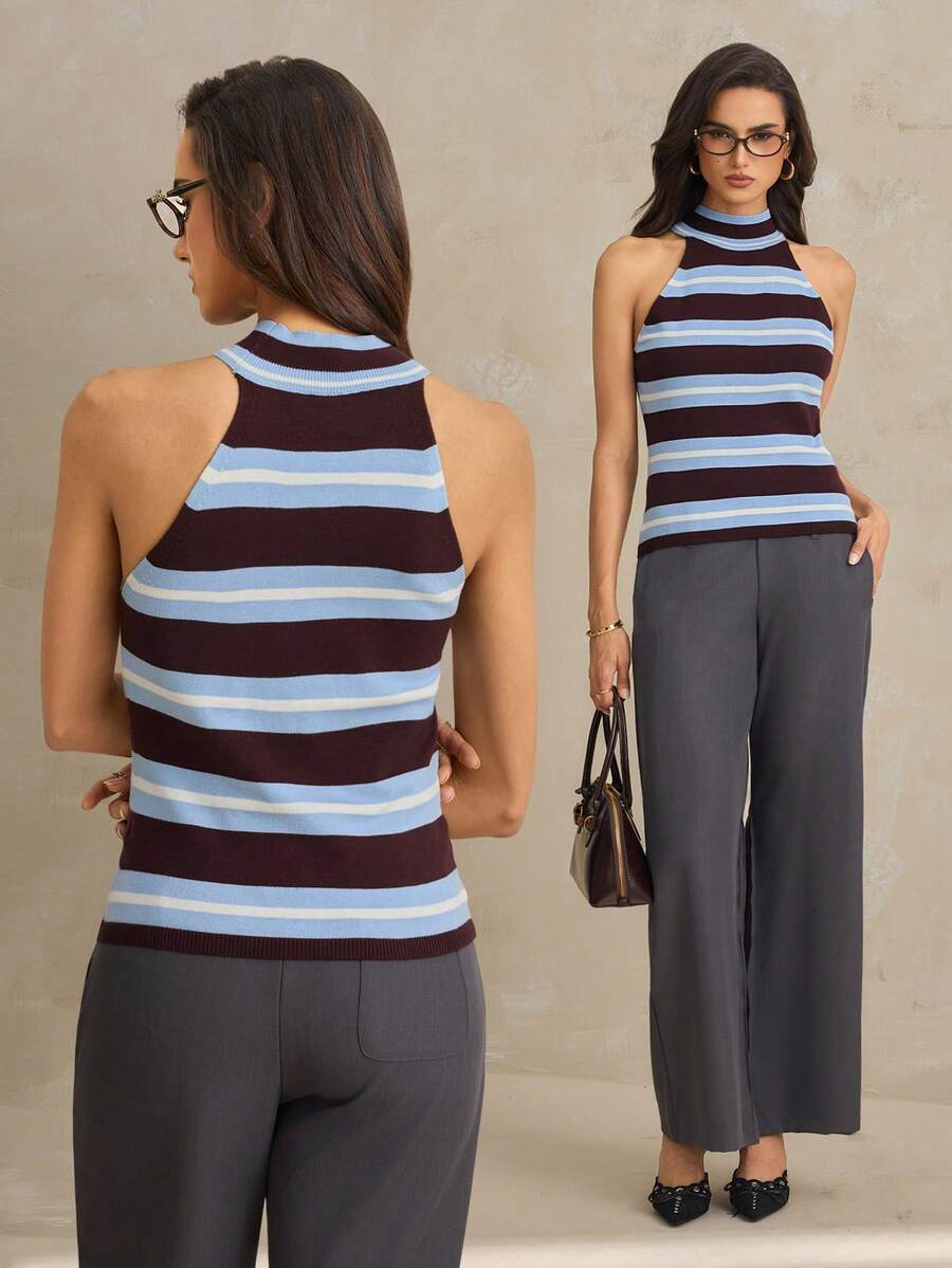 SHEIN Tall 高個女性適用 無袖極簡條紋針織毛衣上衣 - 棕色 - 查看 1