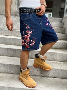 GALLERY FADE 日式花卉刺繡水洗深色男士牛仔短褲，度假風 - 藍色 - 查看 4
