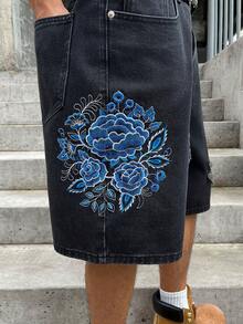 GALLERY FADE Black Washed Denim, Blue Floral Embroidered, Distressed Street Style Denim Shorts, Holiday - Black - View 8
