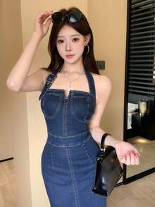 DAZY 夏季性感平口無袖收腰做舊水洗牛仔連身裙 女款 - 藍色 - 查看 10
