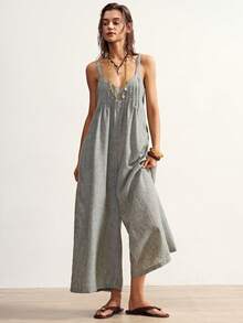Bohemela Women's Summer Casual Vacation Loose Green Textured Woven Sleeveless Jumpsuit - Multicolor - View 5