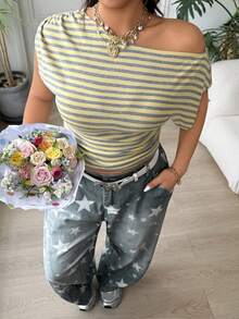 SHEIN EZwear Plus Size Women Striped Asymmetrical Shoulder T-Shirt - Multicolor - View 5