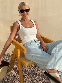 DAZY Women's Square Neck Fitted Ribbed Camisole Top, Summer Vacation White And Brown Casual - White - View 3