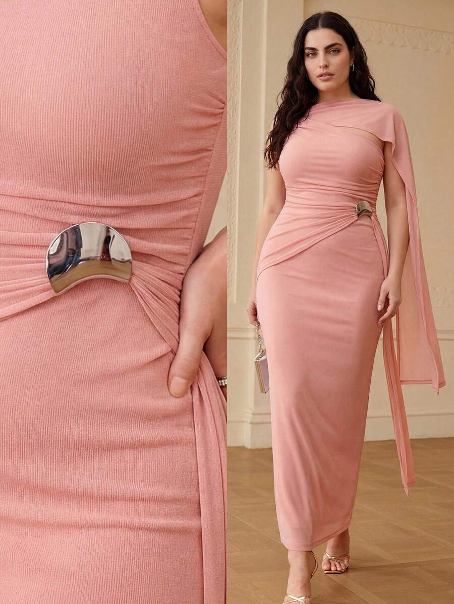 ZEYLAH Elegant Ruched Off-Shoulder Fitted Long Dress, Spring/Summer - Pink - View 1