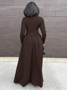 Alexandranx 新款性感船領棕色長袖秋冬貼身洋裝，百搭顯瘦，女款秋季洋裝，優雅秋季婚禮賓客洋裝 - 棕色 - 查看 3