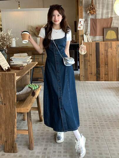 DAZY Women's Washed Casual Denim Jumpsuit Dress Cute Tops