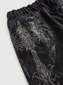 ROMWE Grunge Punk 大码哥特式十字架和翅膀印花牛仔裤 - 黑色 - 查看 4
