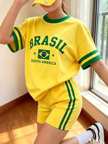 Bộ 2 món dành cho bé gái tuổi teen, áo thun và quần short kiểu Brazil cổ điển, viền xanh lá cây, trang phục thể thao thường ngày phù hợp cho hoạt động ngoài trời và dạo phố. - Nhiều màu - Xem 1
