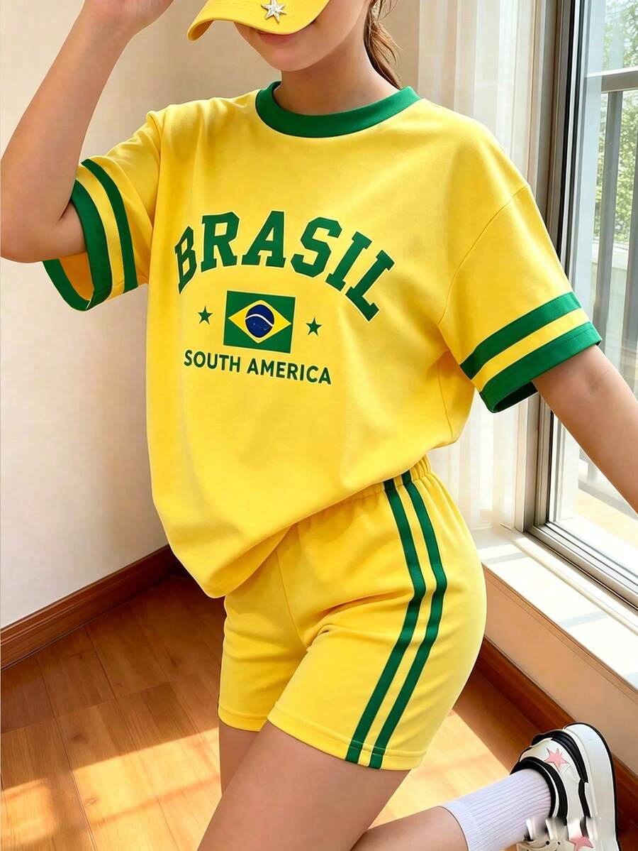 Bộ 2 món dành cho bé gái tuổi teen, áo thun và quần short kiểu Brazil cổ điển, viền xanh lá cây, trang phục thể thao thường ngày phù hợp cho hoạt động ngoài trời và dạo phố. - Nhiều màu - Xem 1