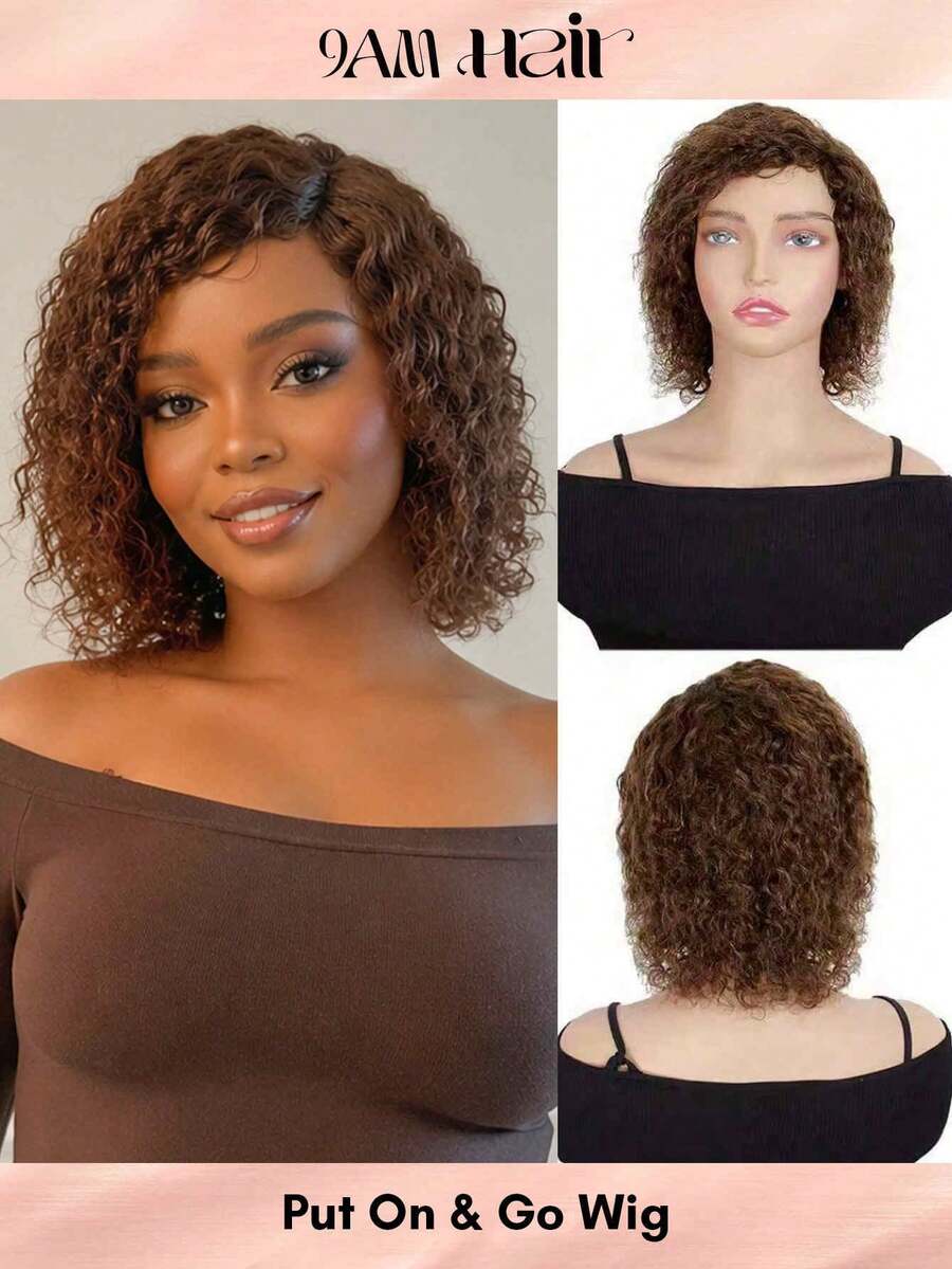 Wig Potongan Pixie 6 Inci Rambut Manusia Wig Bob Pendek untuk Wanita Warna Cokelat Gelombang Air Wig Rambut Manusia Tanpa Lace Depan dengan Wig Buatan Mesin Penuh - S4 - View 1
