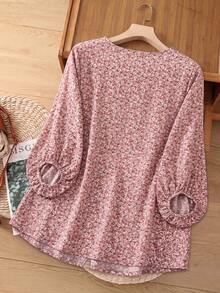 Linhara Plus Size Women Casual 3/4 Sleeve V-Neck Ditsy Floral Blouse Fall - Pink - View 2