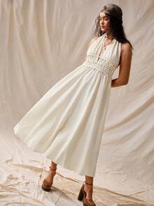 Nubod Đầm maxi dáng chữ A cỡ lớn, chất liệu vải dệt, cổ chữ V sâu, thắt lưng đính sequin nhiều lớp, thanh lịch, thích hợp cho đi chơi, hẹn hò hoặc dự tiệc. - Màu be - Xem 3