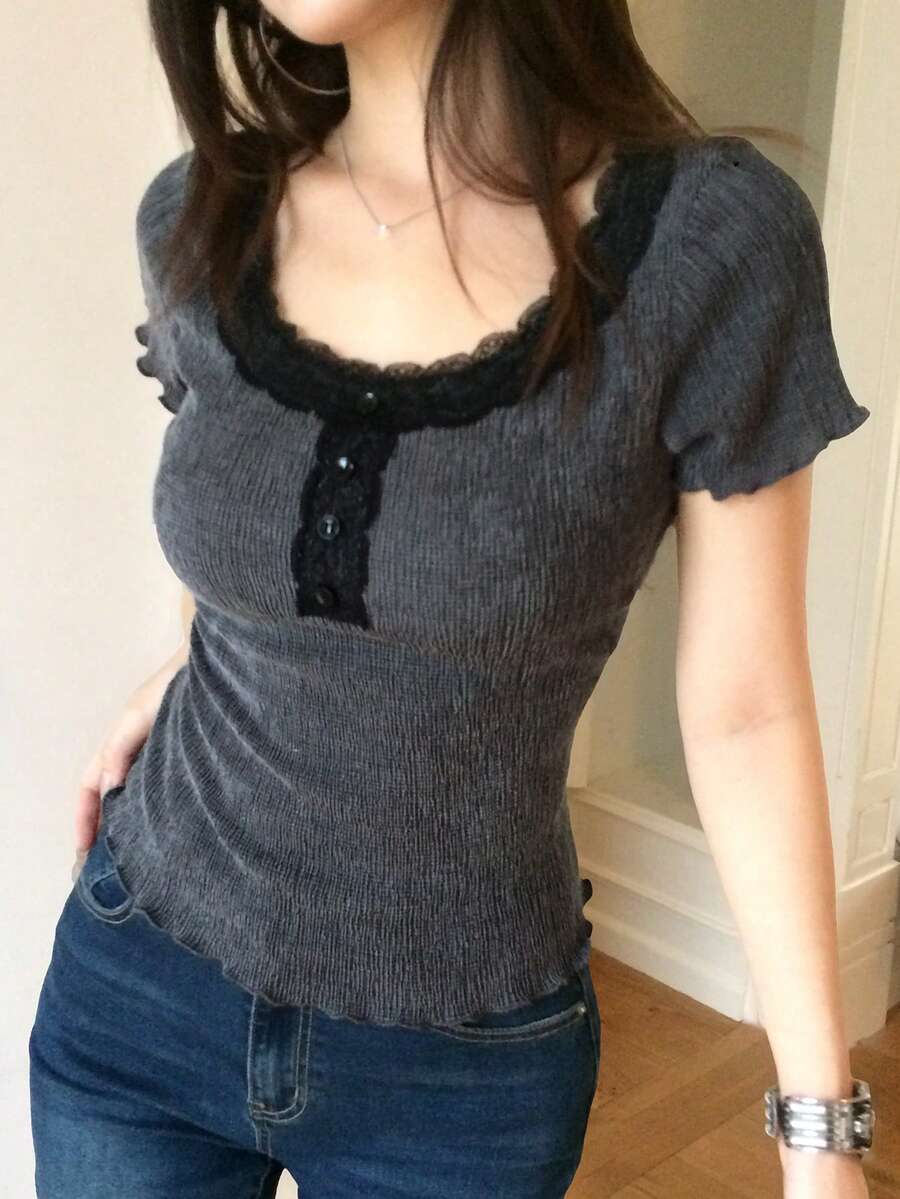 Joudiya 春夏對比色黑灰拼接情人節婚禮時尚派對修身優雅短袖女款T恤 - 灰色 - 查看 1