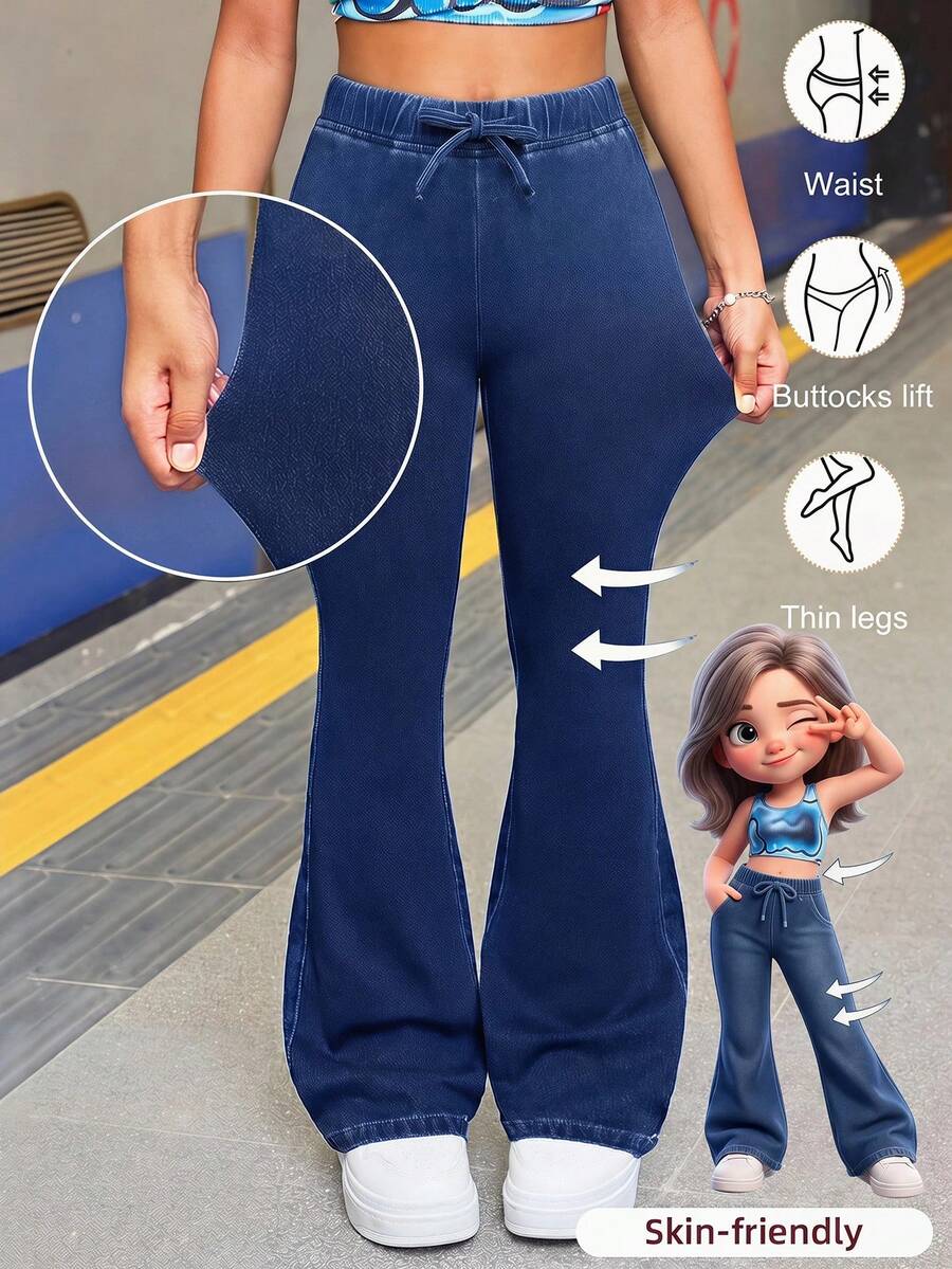 SHEIN Teen Girl Fashion Casual Y2k Vintage Cool Street Dark Blue Knitted Denim Stretch Tight Flared Pants Dailywear Spring To Summer Rave Festival And Streetwear Festival - Blue - View 1