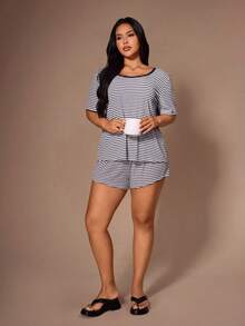 Lazeform 大码女式露背交叉条纹短袖休闲家居服套装 - 藏蓝色 - 查看 5