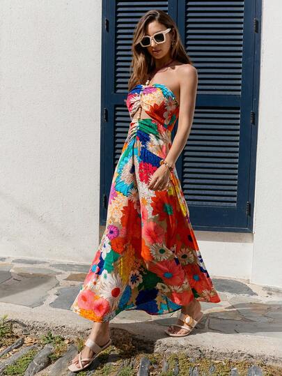 Vivid Eden Vestido de gasa con estampado para primavera y verano con cuello de halter para mujeres