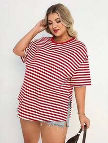 Plussiva 孕妇加大码圆领条纹拼接休闲日常上衣 - 紅白色 - 查看 6
