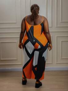 CurvyTilda Mono de tirantes finos de pierna ancha con bloques de color para playa de verano, adecuado para salir y vacaciones, para Body de reloj de arena, talla grande - Naranja Quemada - Ver 2