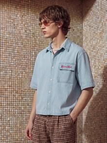 Manfinity Áo sơ mi denim ngắn tay màu xanh dương kẻ sọc thêu, phong cách đường phố thường ngày dành cho nam giới. - Rửa nhẹ - Xem 4