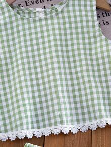 Emery Rose Kids Young Girl Plaid Print Round Neck Tank Top And Mini Skirt Cute Fashion Set, Outdoor Casual Daily Elegant Holiday Wear - Green - View 13