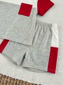 SHEIN 3件套儿童夏季套装，男童蓝色条纹拼接休闲可爱上衣T恤和3条短裤，适合度假、上学、居家、外出、旅行 - 彩色 - 查看 5