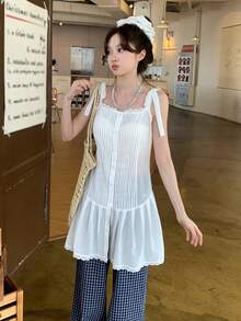 DAZY Women's Pleated Fresh Korean Style Camisole Vacation Summer Cute Top White - White - View 3