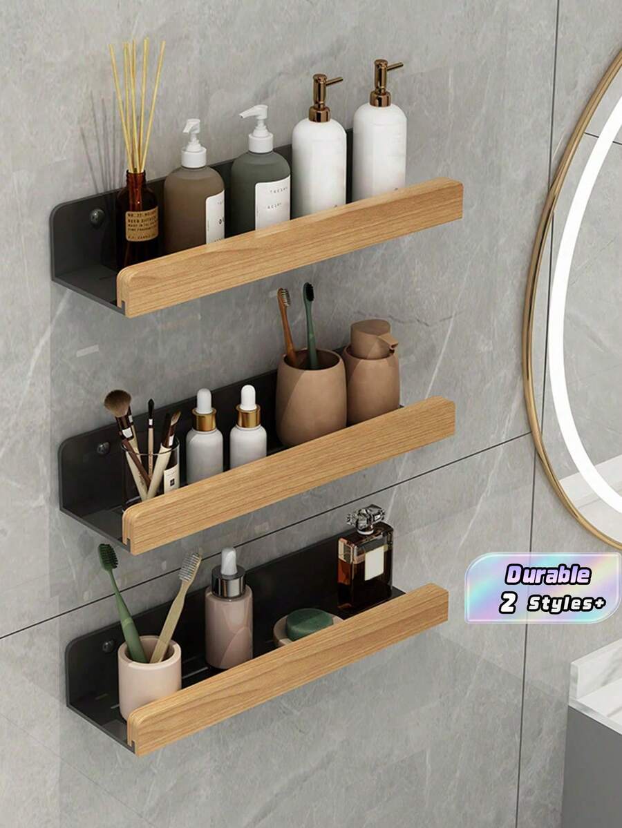 1/2pcs Wall Mounted Bathroom Storage Rack, Punch-Free Bathroom Hanging Shelf, Space Bathroom Tray, Shampoo Shower Gel Holder Organizer, Bathroom Organizers And Storage - Black - View 1