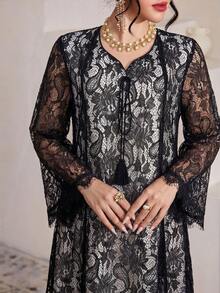 SHEIN Najma 女式方领蕾丝流苏七分袖喇叭连衣裙 - 黑色 - 查看 3