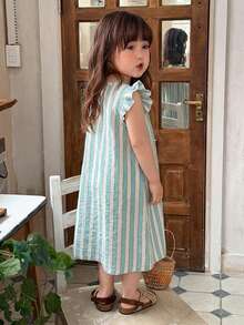 DAZY Vestido de niña bebé con bloques de color, rayas y ribete de volantes, cuello redondo, para verano, para niños pequeños - Verde - Ver 2