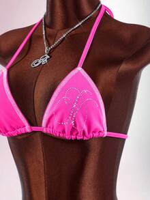 Amplova Bộ đồ hè mới, Áo bikini tam giác gợi cảm dành cho nữ, quần short ôm sát cạp thấp, trang phục nữ. - Màu Hồng Tươi - Xem 5