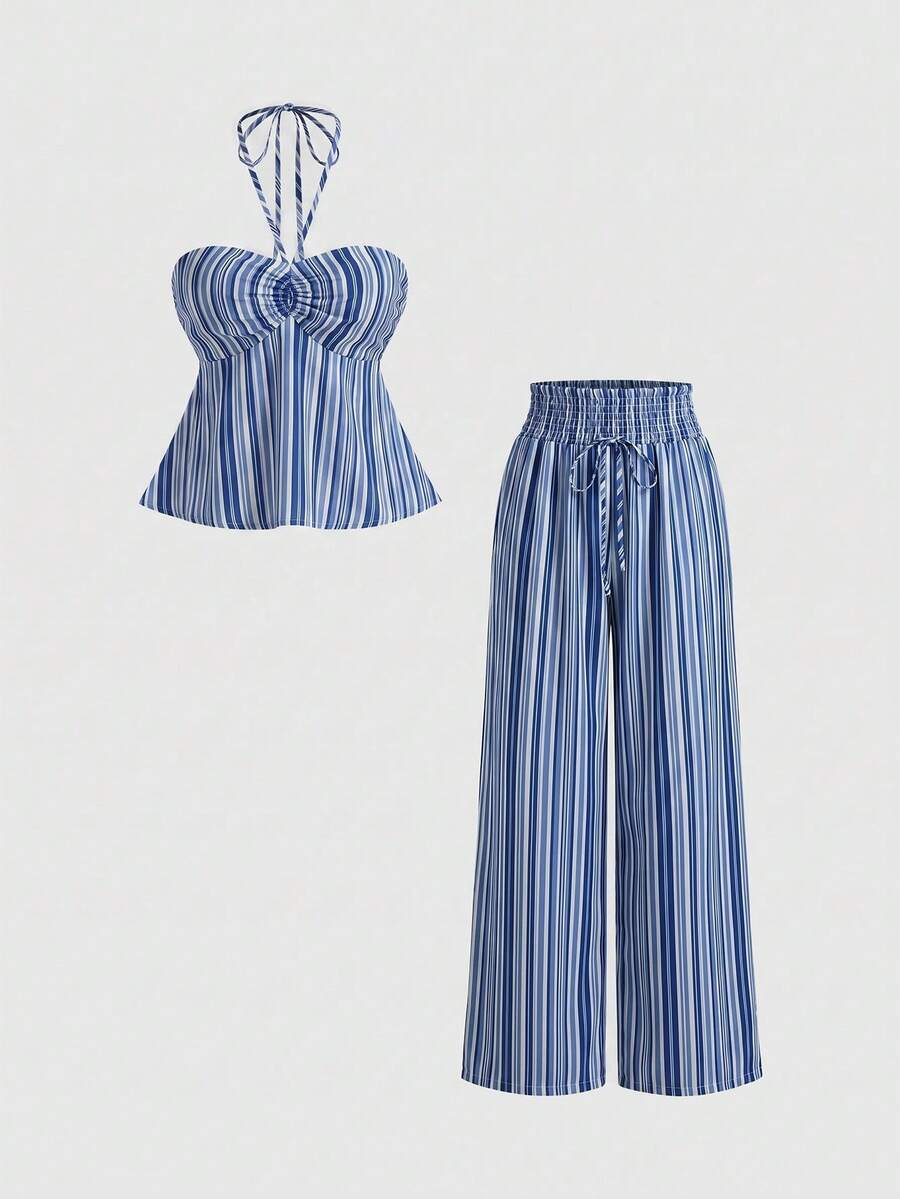 Sweetra Women's Spaghetti Strap Bowknot Waist Cinching A-Line Long Tunic Top & Asymmetrical Striped Skirt 2-Piece Set, Elegant & Fashionable - Royal Blue - View 1