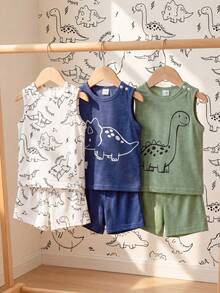 SHEIN Playful Pals 6件套男婴恐龙印花白色、绿色、藏蓝色圆领无袖背心和松紧腰短裤套装，休闲可爱夏季亲子装，适合日常外出穿着 - 彩色 - 查看 9