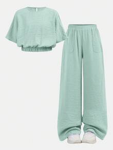 Firerie Kids Tween Girls Fashion Vacation Casual Solid Color Round Neck Loose Short Sleeve Top + Long Pants 2 Pieces Set - Mint Green - View 7