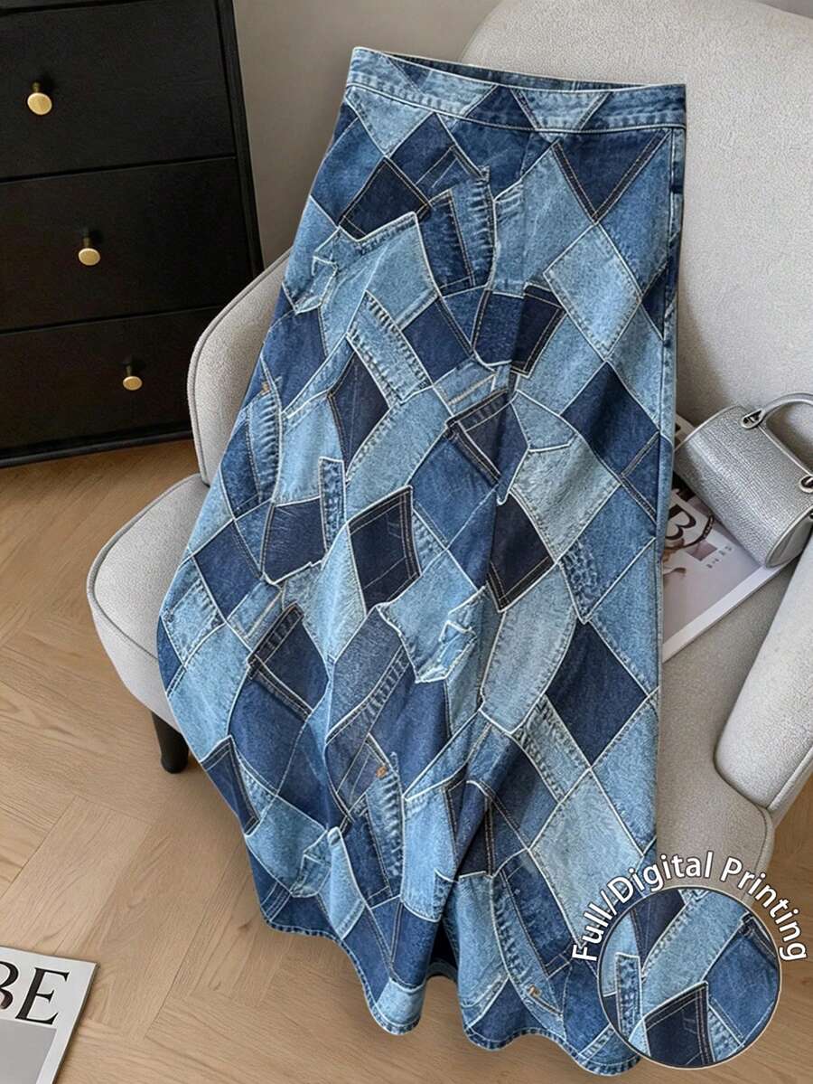 Resyla 丹寧拼接圖案、圖案中長裙、夏季服裝、女款長裙、熱門趨勢 - 彩色 - 查看 1