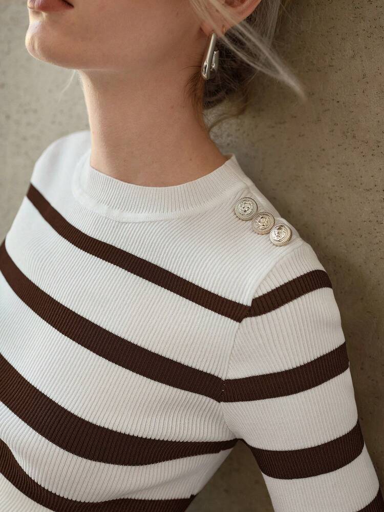 BUTTON DECOR STRIPED SHORT SLEEVE KNIT TOP