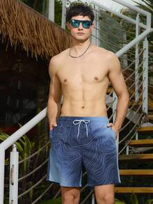 Manfinity KASUA Men Wave Print Drawstring Waist Swim Trunks Milk Silk Lining - Multicolor - View 6