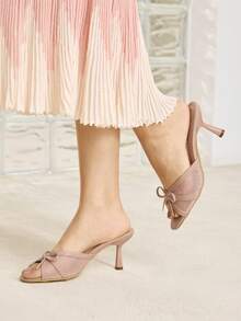 MOTF PREMIUM RHINESTONE BOW DECOR ROUND TOE HEELED SANDALS SUMMER SHOES - Pink - View 7