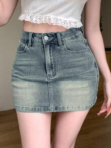 Joudiya Women's Denim Mini Skirt Summer Jeans Skirt - Medium Wash - View 4