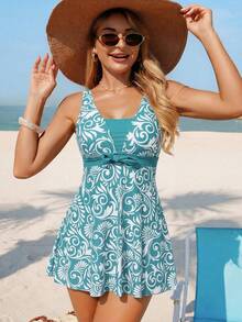 Swim Lushoire Vestido de playa para mujer 2026 SS, falda de traje de baño para damas, conjunto de vacaciones de playa con estampado floral bohemio, elegante lazo romántico, multicolor, marró - Multicolor - Ver 6