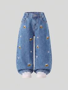 SHEIN Young Girl' 水洗淺藍色寬腿牛仔褲，刺繡蜜蜂與花朵設計，柔軟舒適寬鬆版型可愛花卉刺繡，可愛趣味設計，適合四季穿著，適用於學校、外出、戶外活動、度假等 - 中等水洗藍 - 查看 4