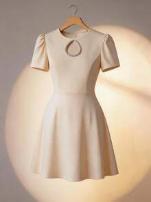 Franclia Women's Elegant Summer White Sequin Short Puff Sleeve A-Line Dress,Diamond Hollow-Out Round Neck Waist-Cinching Party Birthday Graduation Outfit - Apricot - View 3