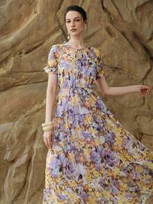 Vestido corto con estampado floral, manga corta con volantes y bajo con volantes de gasa para mujeres - Beis - Ver 11