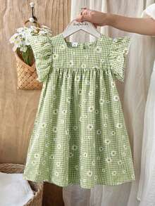 Vintaside Kids 女童夏季甜美清新雏菊印花荷叶边A字连衣裙，宽松版型，适合日常外出、休闲聚会、夏季野餐等场合。 - 彩色 - 查看 4